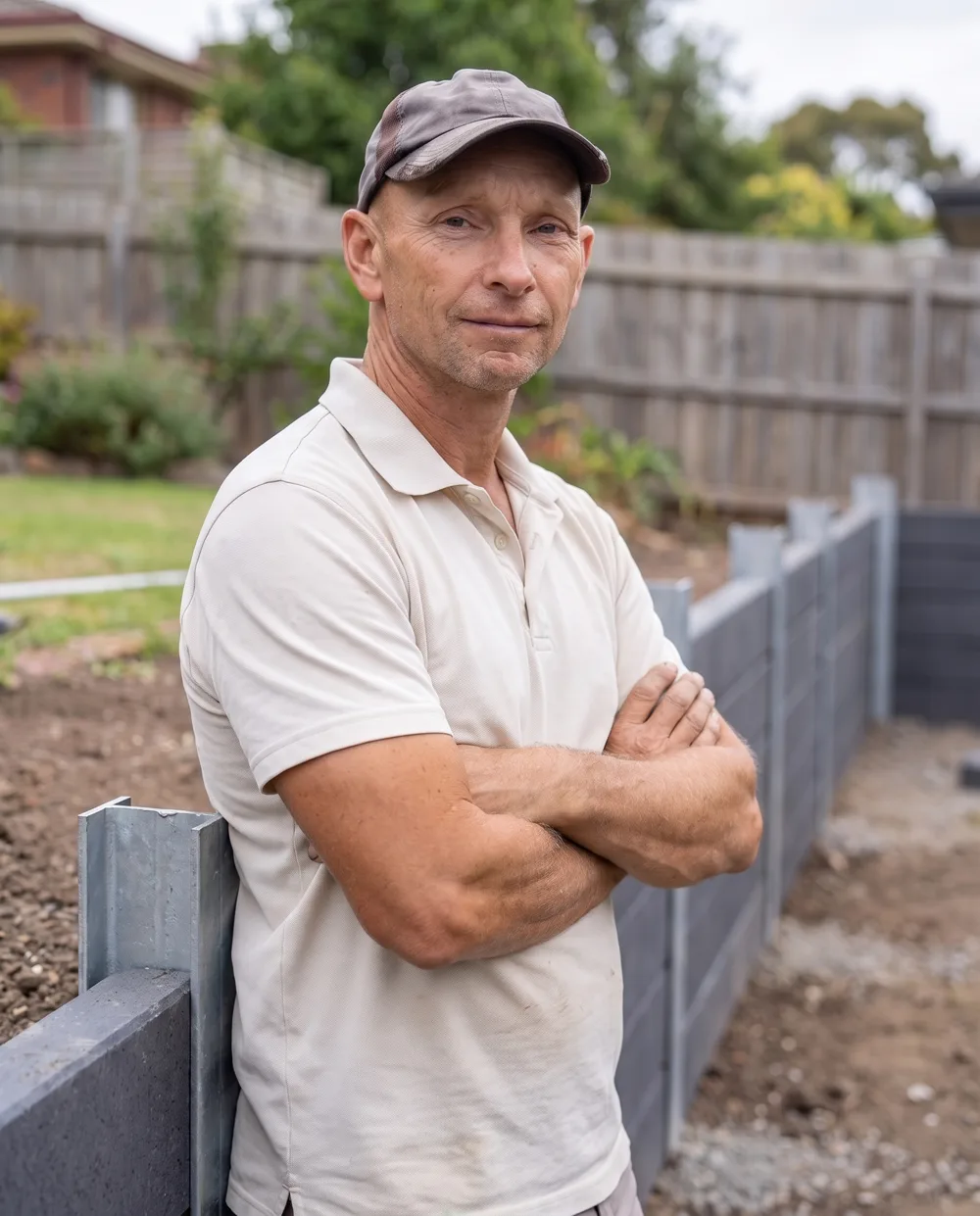 Kenny, owner of Eastside Retaining Walls, on site beside a finished concrete sleeper retaining wall